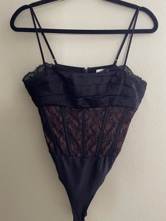 Tops - Black Lace Satin Bodysuit